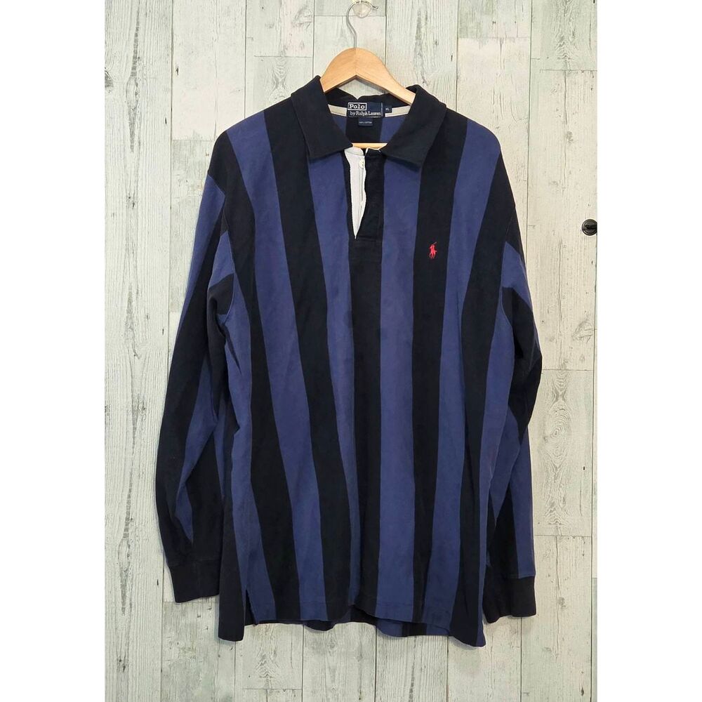 VTG Polo Ralph Lauren Vertical Stripe Long Sleeve Rugby Polo RARE COLORWAY Sz. X